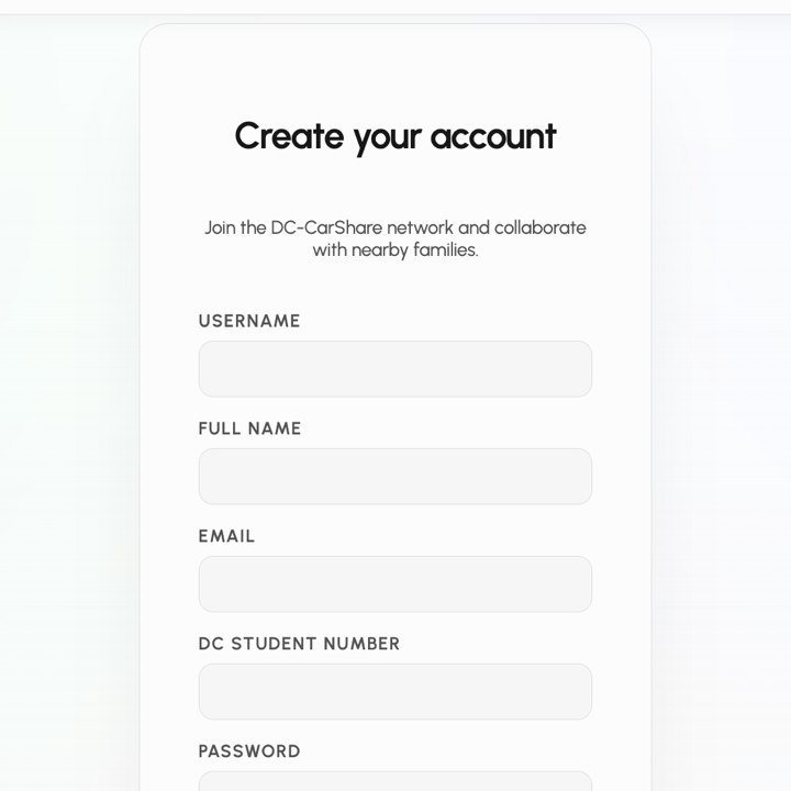 DC CarShare sign-up form: create your account with school credentials